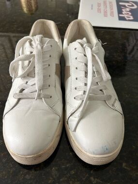 Mia womens  White Sneakers with Taupe Accent - Casual Leather Trainer